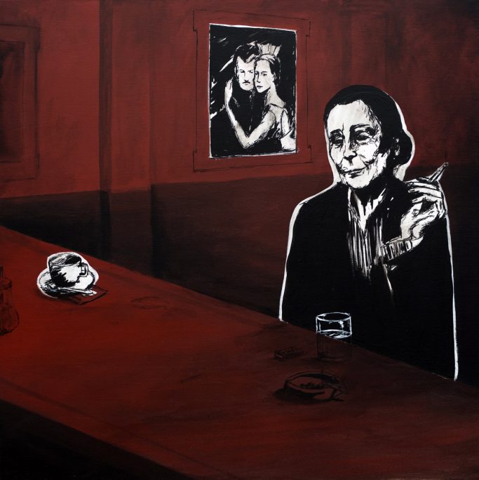 Un personnage noir et blanc assis à un bar, tenant un verre, avec une photo en arrière-plan. Nostalgie d'une ancienne danseuse