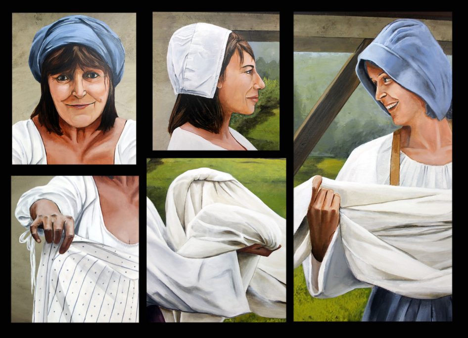 Détails du trompe l'oeil peint, Vouvray (01), Thème "Les Lavandières"