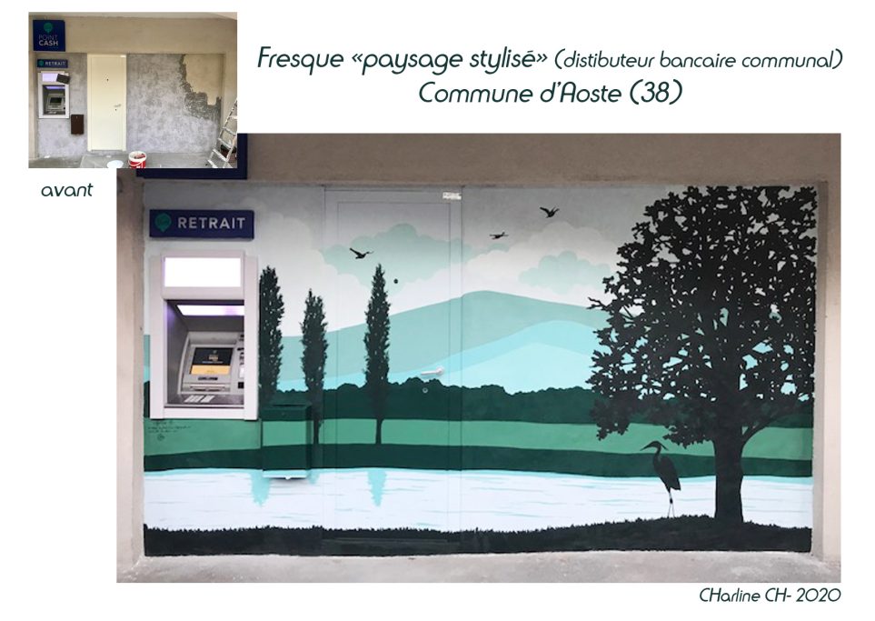 Fresque décorative "paysage stylisé". Guichet de La Poste. Aoste (38)