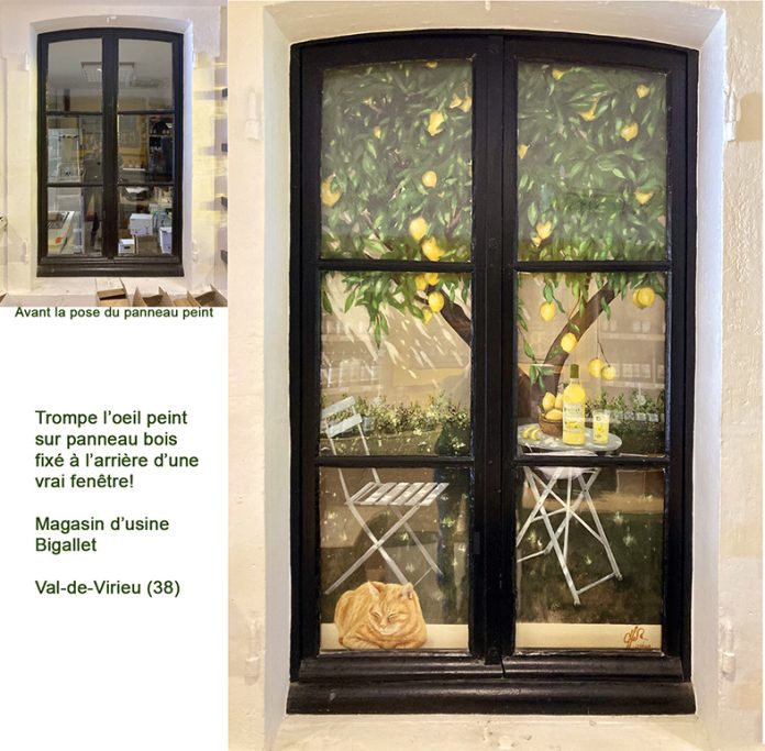 Trompe l’œil peint sur bois. Thème: extérieur reposant, fraicheur, produits Bigallet. Magasin d'usine Bigallet. Val-de-Virieu (38)