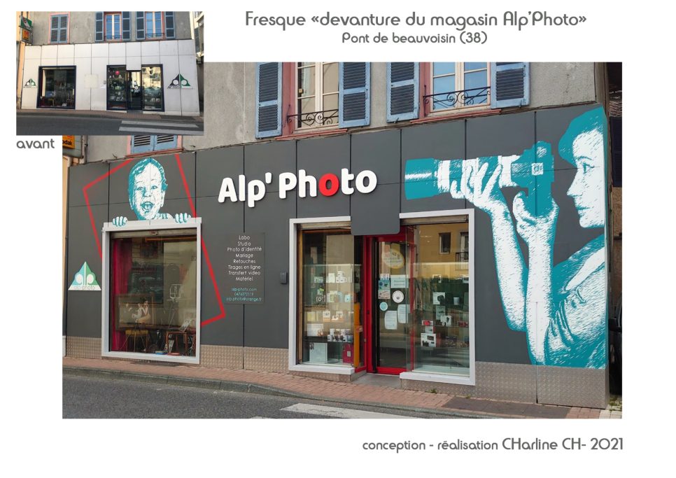 Fresque sur devanture de commerce. Thème: La photographie. Pont de Beauvoisin (38)