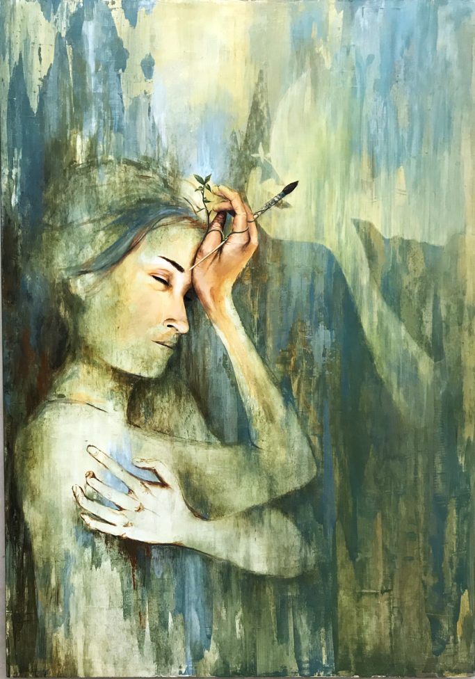 Femme rêvant ou pensive où la main, tenant un pinceau, posée sur son front semble apparaitre plus nettement. Une plante semble en jaillir 
