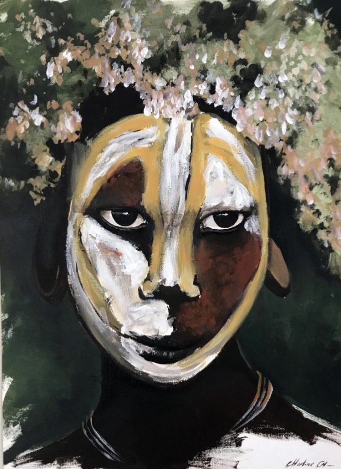 Visage d'une femme noire avec des motifs colorés sur le visage, entouré de fleurs.