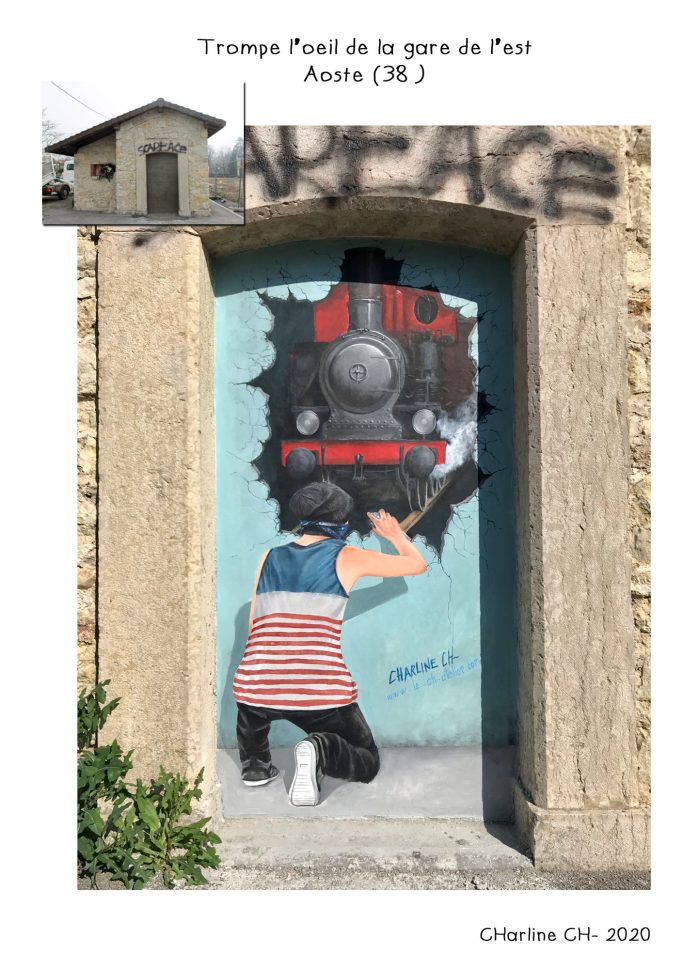 Trompe l’œil peint pour un abris bus (ancienne gare), Thème: Gare ferroviaire, Histoire et patrimoine. Aoste (38)