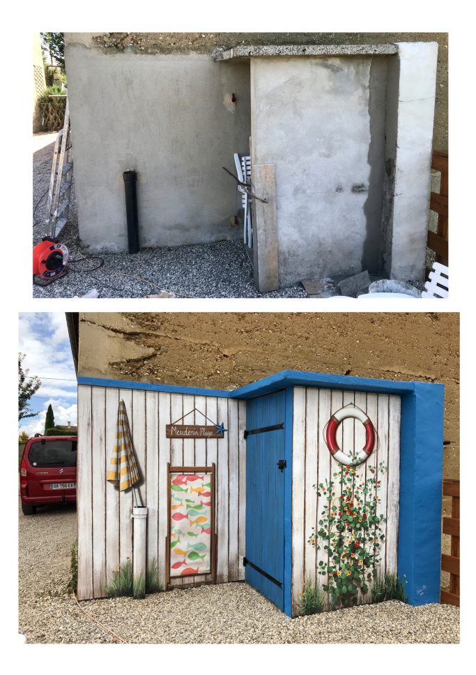 Trompe l’œil peint. Thème: Cabanon de plage. Chimilin (38) 