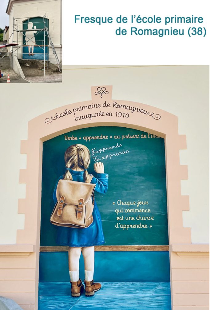Fresque peinte. Thème: L'école. Ecole primaire de Romagnieu (38)