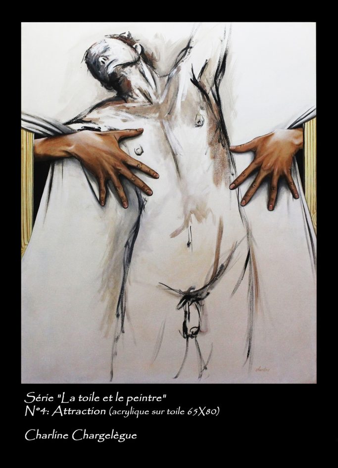 Représentation artistique d'un nu masculin avec deux mains féminines venant de l'arrière de la toile encadrent le sujet.