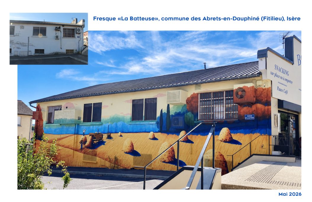 Fresque peinte. Thème: La batteuse (les moissons d'antan / paysage rural et agricole) . Commune des Abrets-en-Dauphiné (Fitilieu) (38)