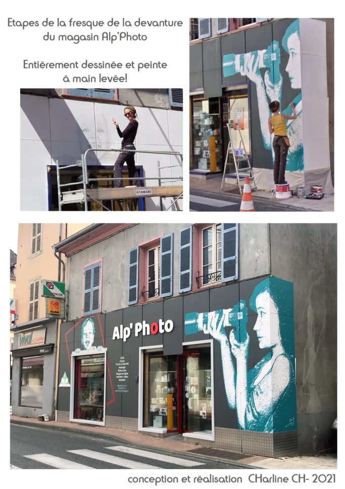 Fresque sur devanture de commerce. Thème: La photographie. Pont de Beauvoisin (38)