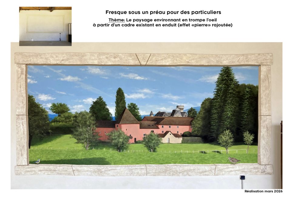 Fresque / peinture murale. Thème: Paysage/château. Encadrement en fausse pierre.