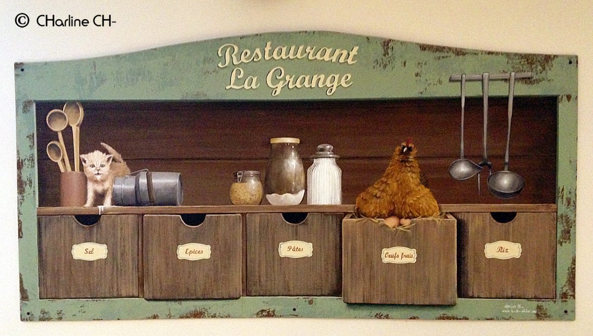 Trompe l’œil sur bois. Thème: faux meuble d'épicerie pour restaurant. Pressins (38)