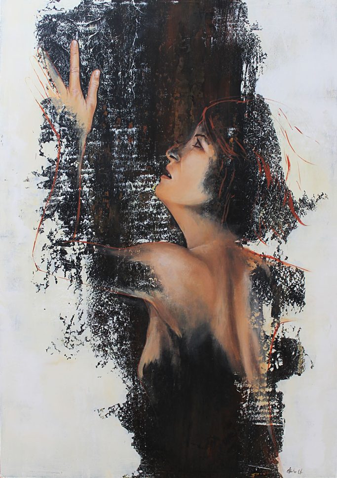 Buste de femme à la fois stylisé et précis semble fusionner avec le tableau