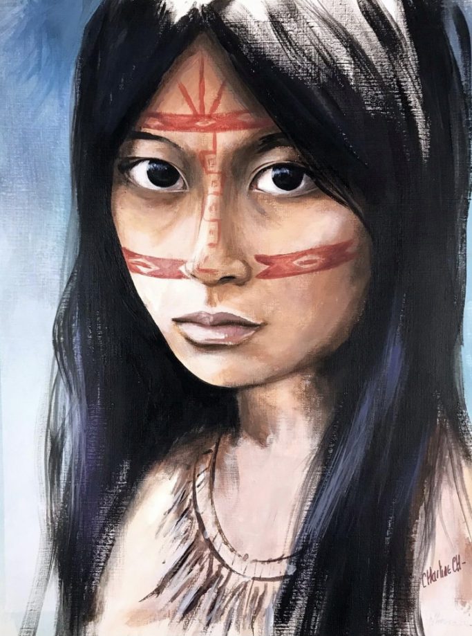 Portrait d'une jeune femme avec des motifs rouges sur le visage et des cheveux longs.